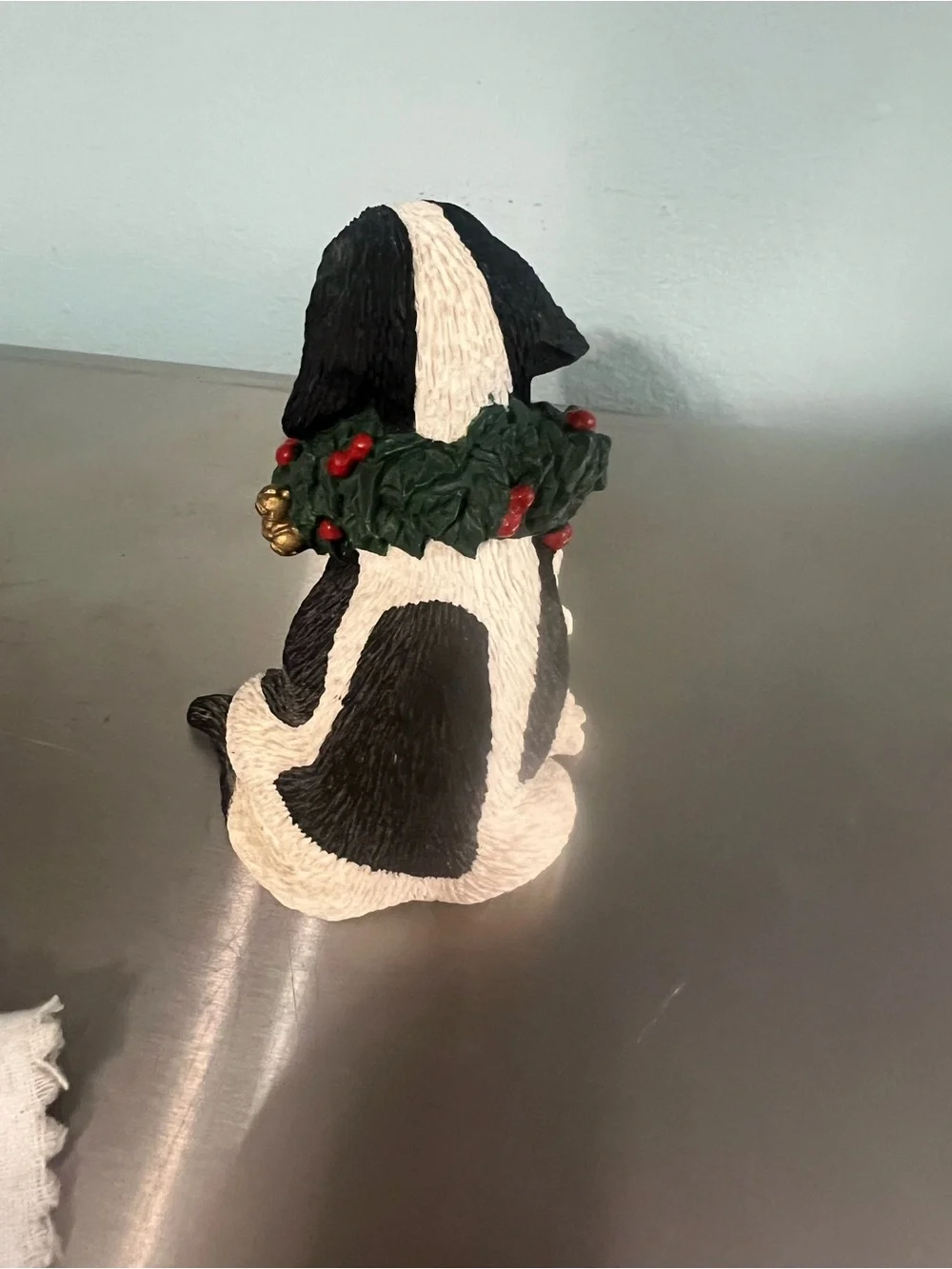 Silver Deer Christmas Black and White Puppy Figurine with Red Wreath